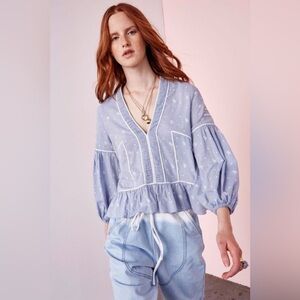 Ulla Johnson Etienne Blouse Chambray Floral Embroidered Swiss Dot